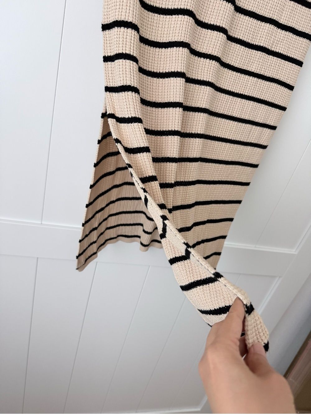 Striped Crochet Knit Polo Midi Dress Sz M Beige Black Slit Beach Summer Preppy - Picture 9 of 14